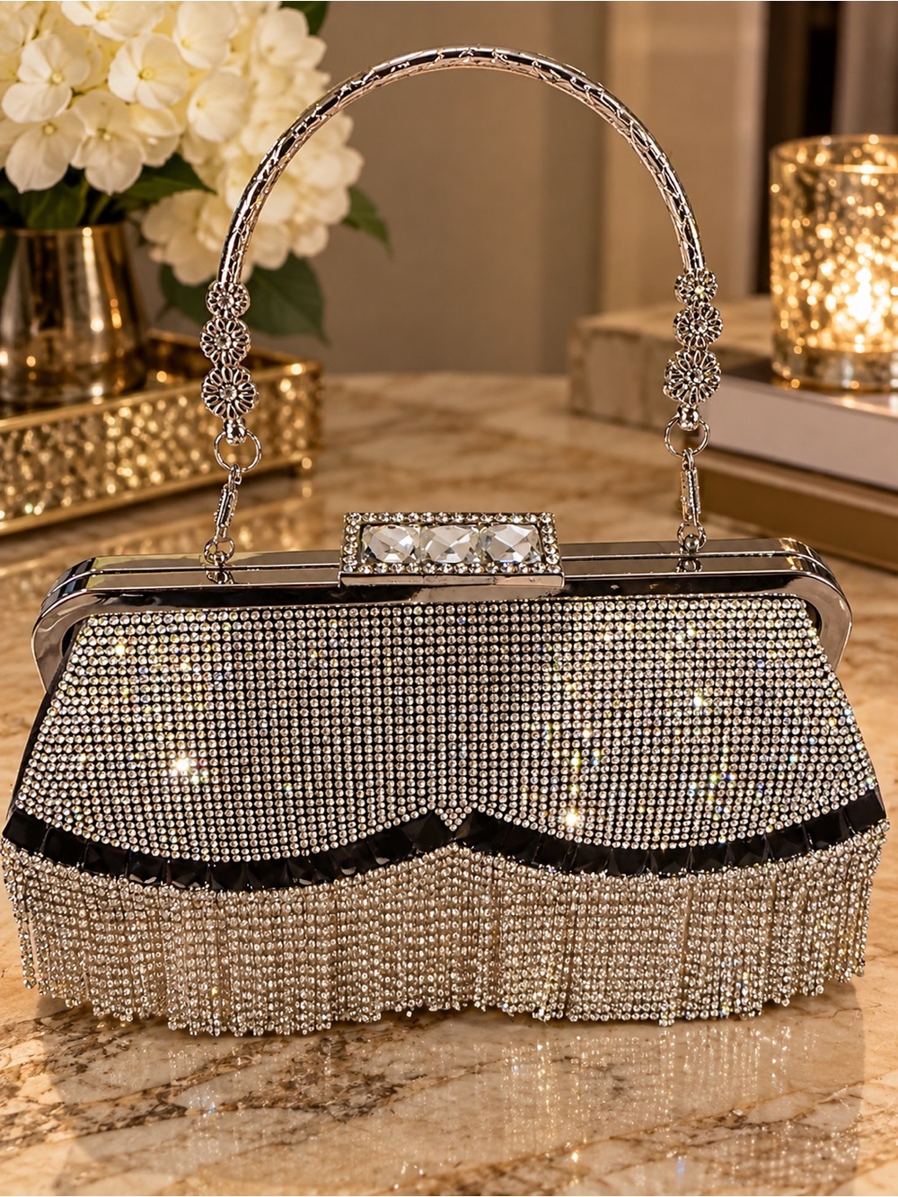 Crystal Fringe Evening Clutch Handbag - Silver